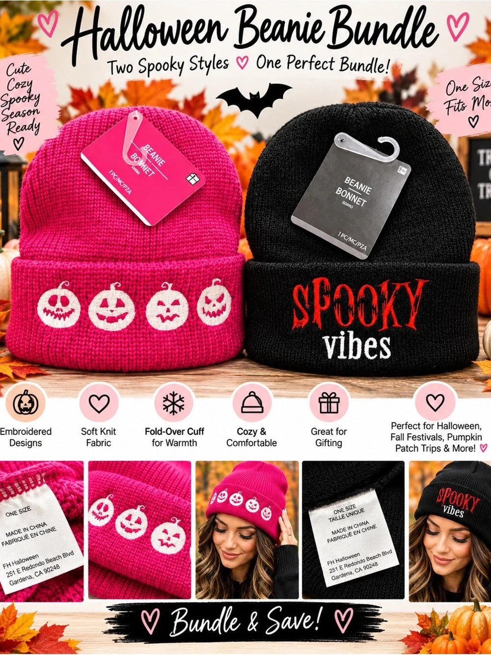 Halloween Beanie Bundle - Pink & Black Spooky Vibes Knit Hats